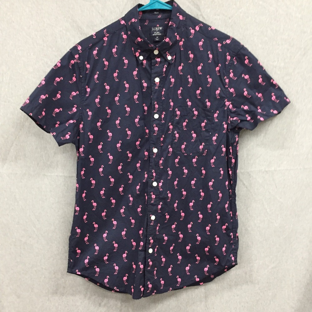 J.Crew Mens Slim Flex Washed Flamingo Print Short Sleeve Button Down Shirt Navy